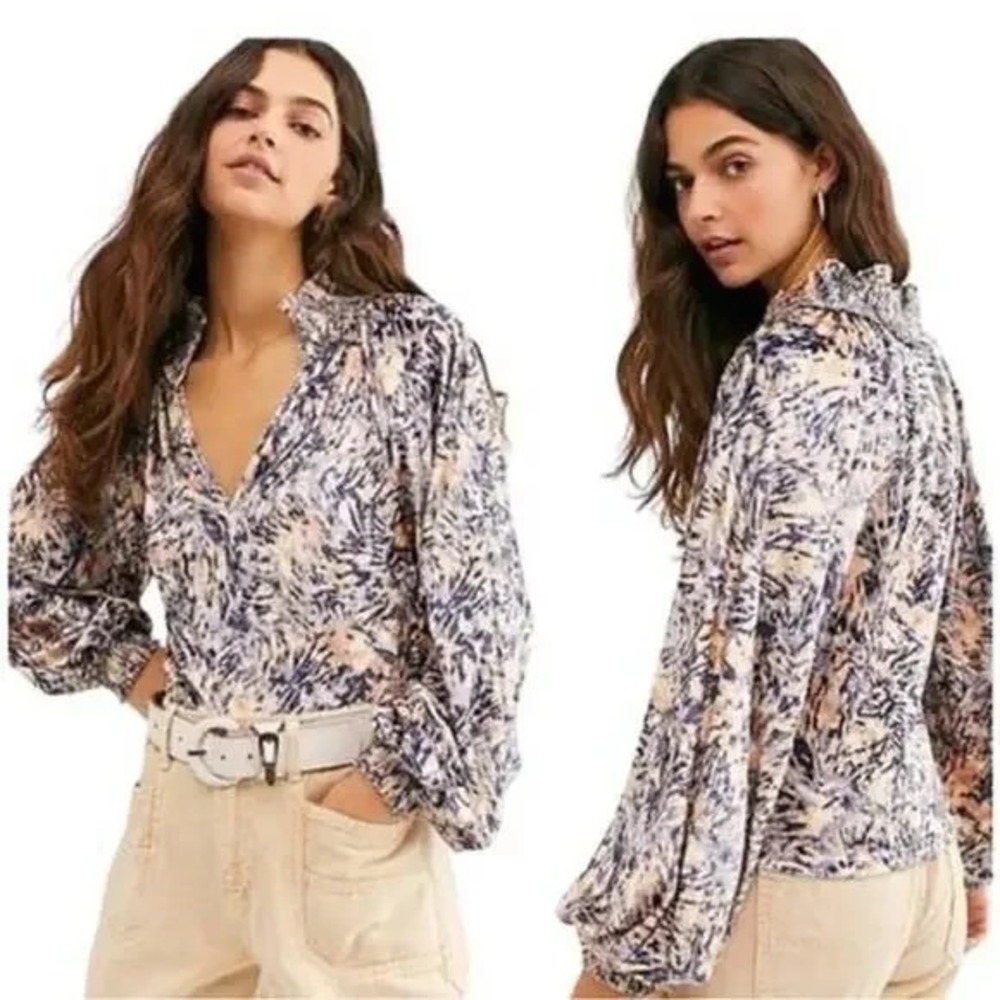 Free People Top Crushed Velvet Balloon Long Sleeves Peach/Purple M Boho Chic
